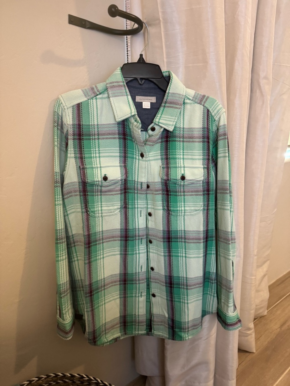 Outerknown Mint Green Plaid Shirt with Purple Accents